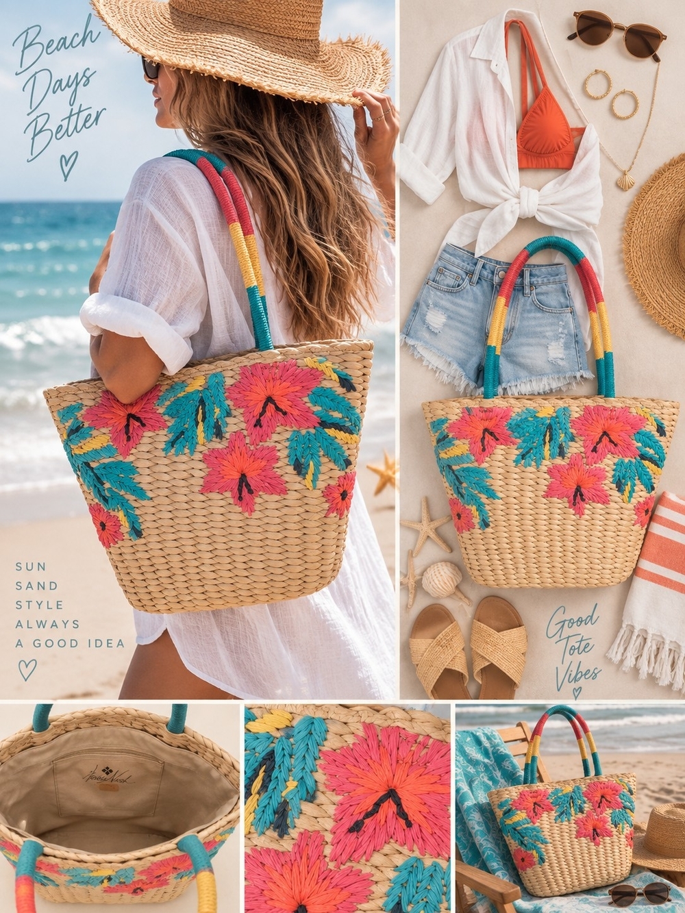 Patricia Nash Floral Embroidered Woven Straw Tote Bag Colorful Raffia Beach Bag